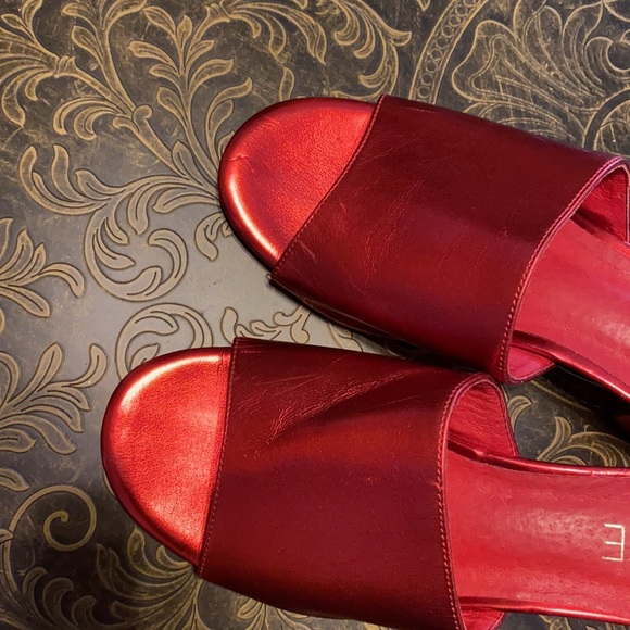 Metallic Red Open Toed Mules, Raye Size 7 - Picture 6 of 7